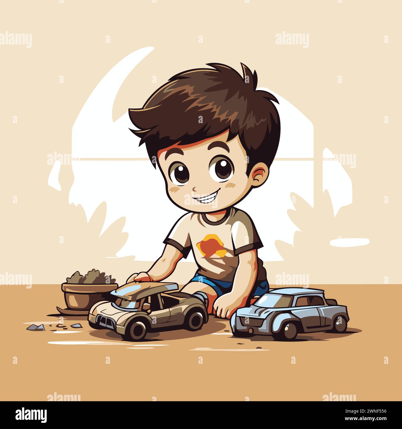 Cute little boy playing with a toy car. Vector illustration. Stock Vector