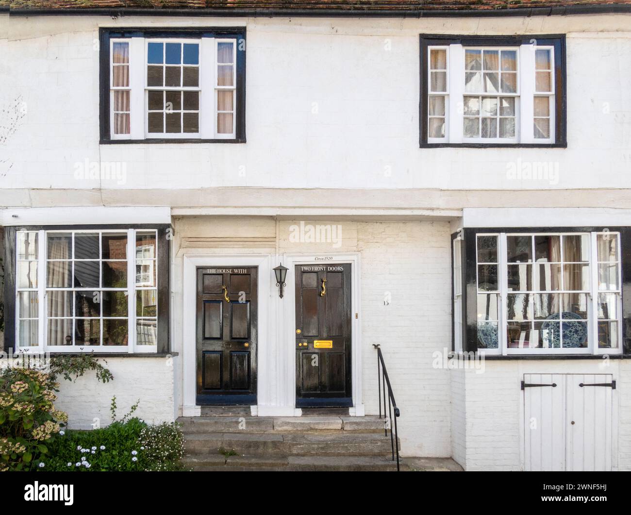 The House with Two Front Doors is a 15th century house on Mermaid Street, Rye, East Sussex, UK. Now used as a Bed & Breakfast business. Stock Photo