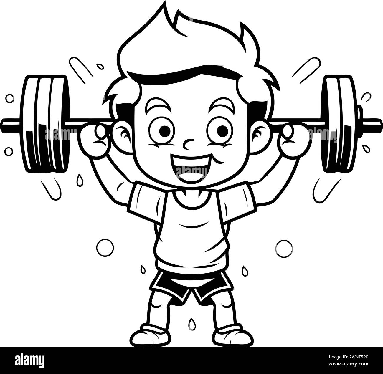 Boy Doing Heavy Weight Exercise Black and White Cartoon Illustration