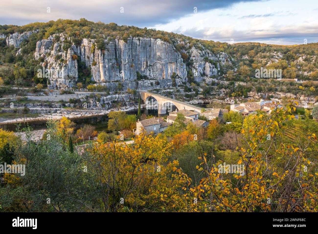 The bridge over the Ardeche river near the old village Balazuc recognized historical heritage, photography taken in France Stock Photo