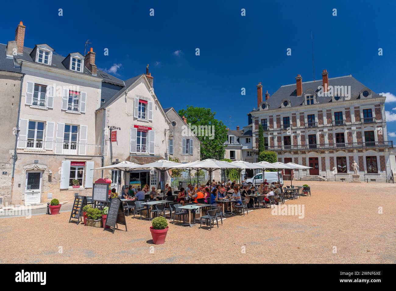 Europe, France, Centre-Val de Loire, Blois, Cafés and Restaurants on Place du Château looking towards the Robert-Houdin House of Magic Stock Photo