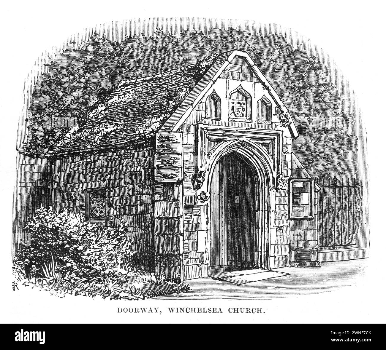 Winchelsea Church Porch, Kent; 19th century; Black and white illustration from 'Our Own Country' a Descriptive, Historical and Pictorial guide to the UK published in late 1880s by Cassell, Petter, Galpin & Co. Historic pictures of Briatin. Stock Photo