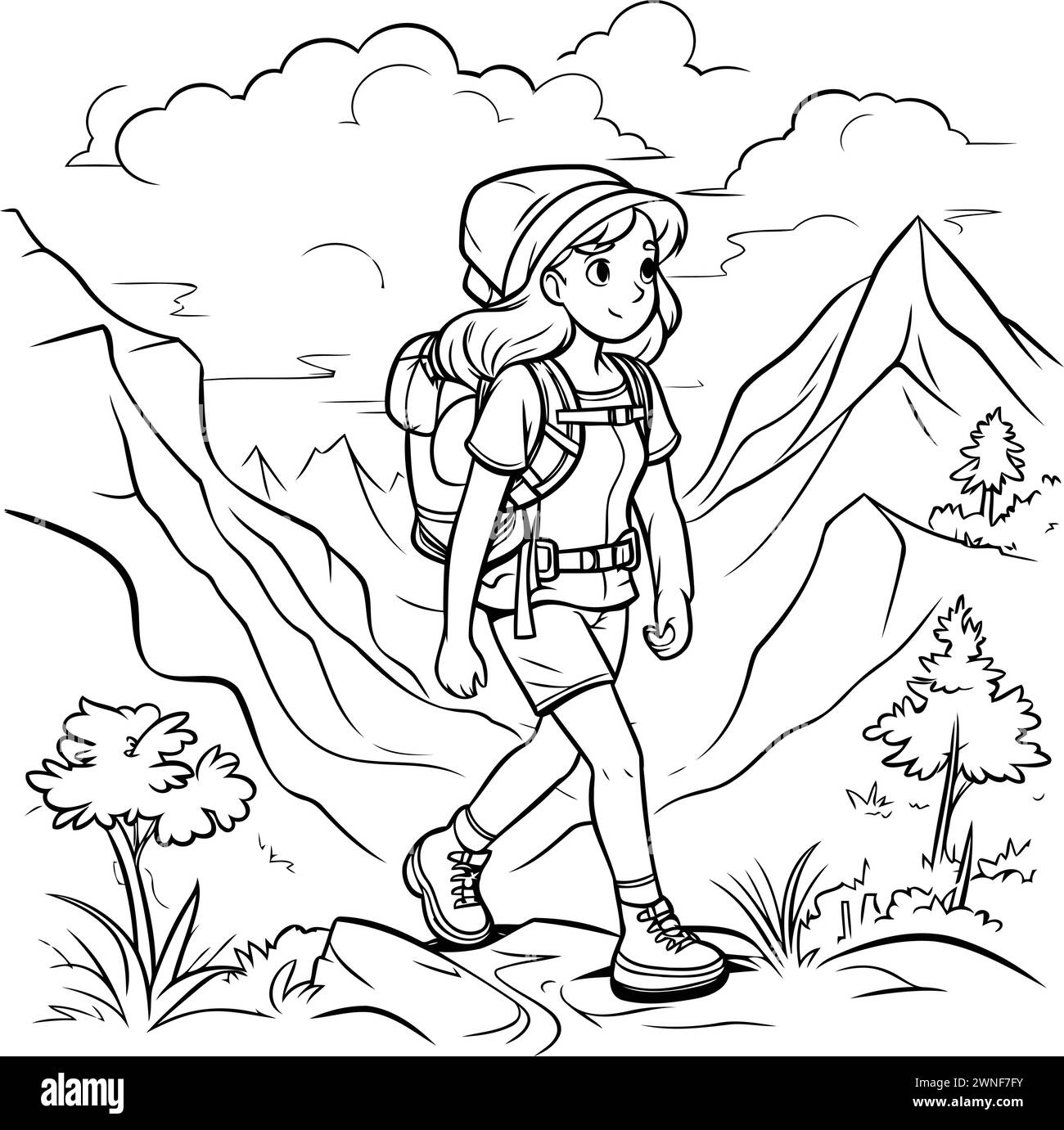 Outline of a woman hiker in the mountains. Vector illustration Stock ...