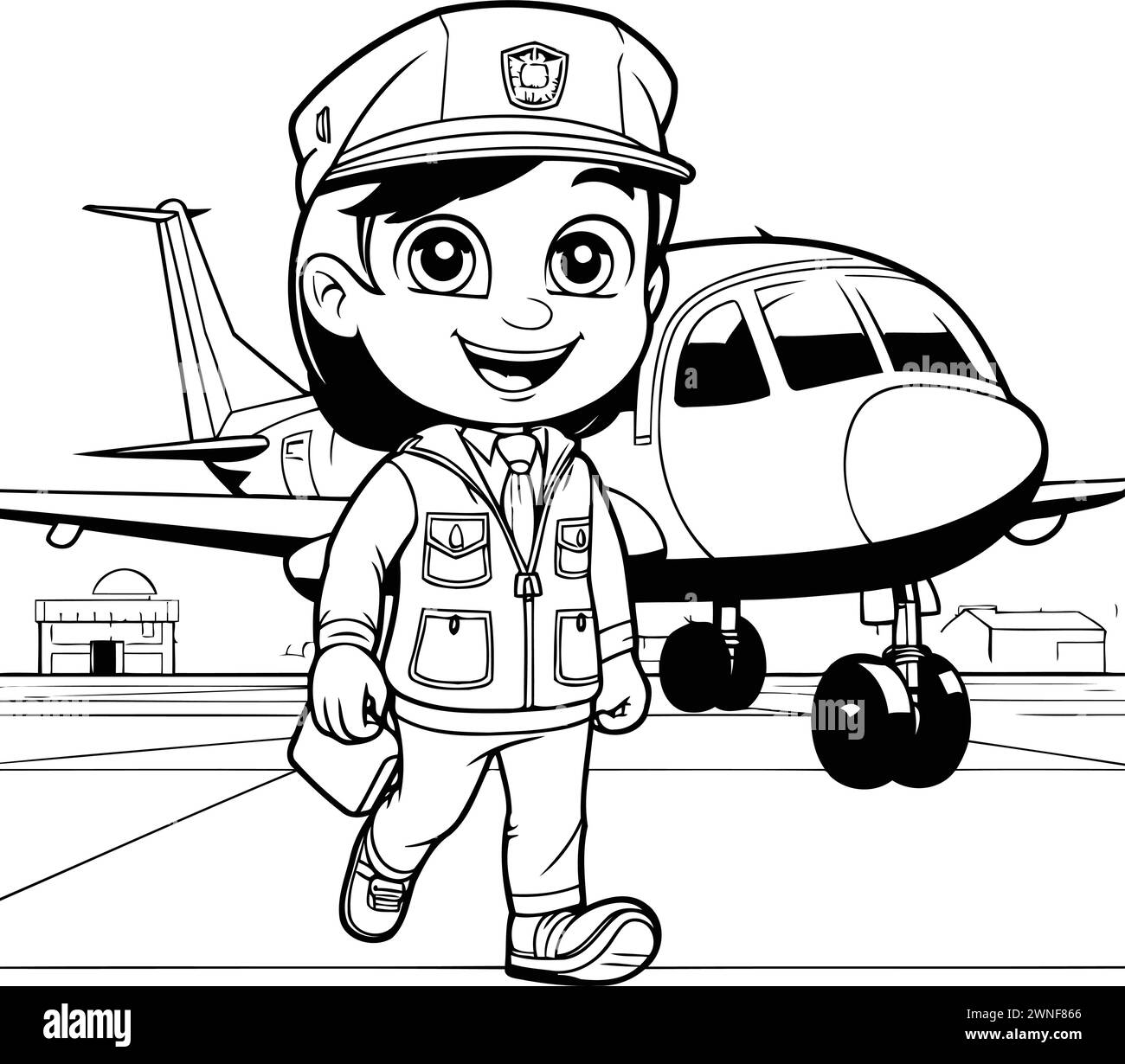 Cute Little Boy in Uniform with an Airplane - Coloring Book Stock