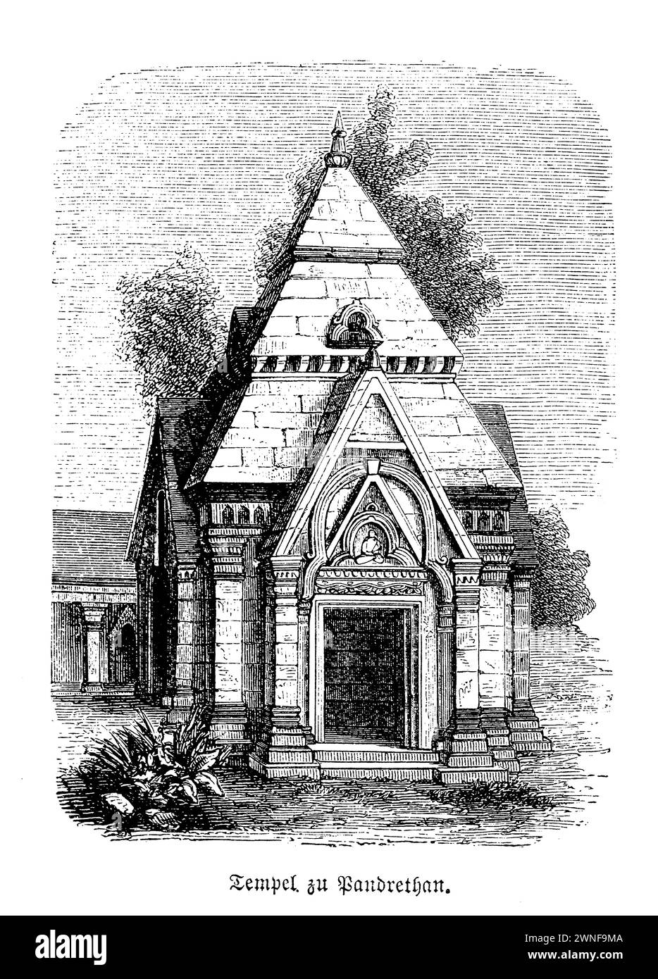 Pandrethan-Temple in Srinagar, Kashmir. Tucked away near the bustling city of Srinagar in Kashmir lies the ancient Pandrethan Temple, a remarkable relic of India's rich historical tapestry. Dating back to the 9th century, this small yet significant temple is a surviving testament to the architectural ingenuity of the early medieval period in Kashmir. Originally part of a larger complex, it now stands as a solitary beacon of historical and religious significance amidst a tranquil water body, believed to have been a royal bathing pond. Stock Photo
