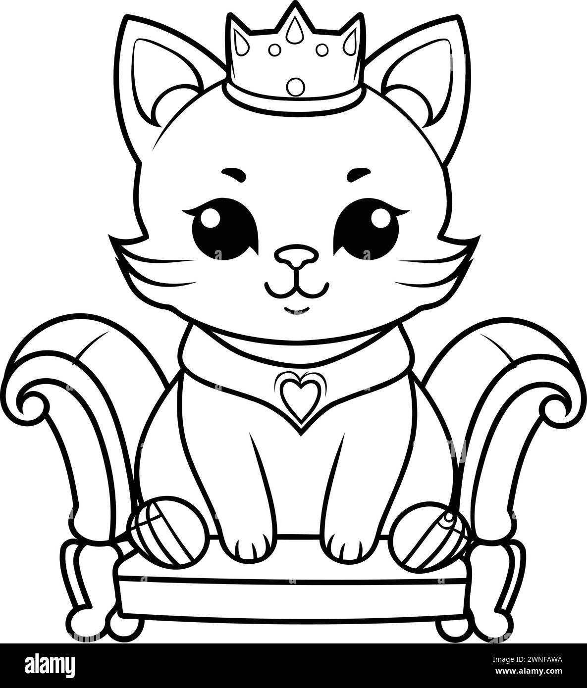 Black and White Cartoon Illustration of Cute Kitten King Animal