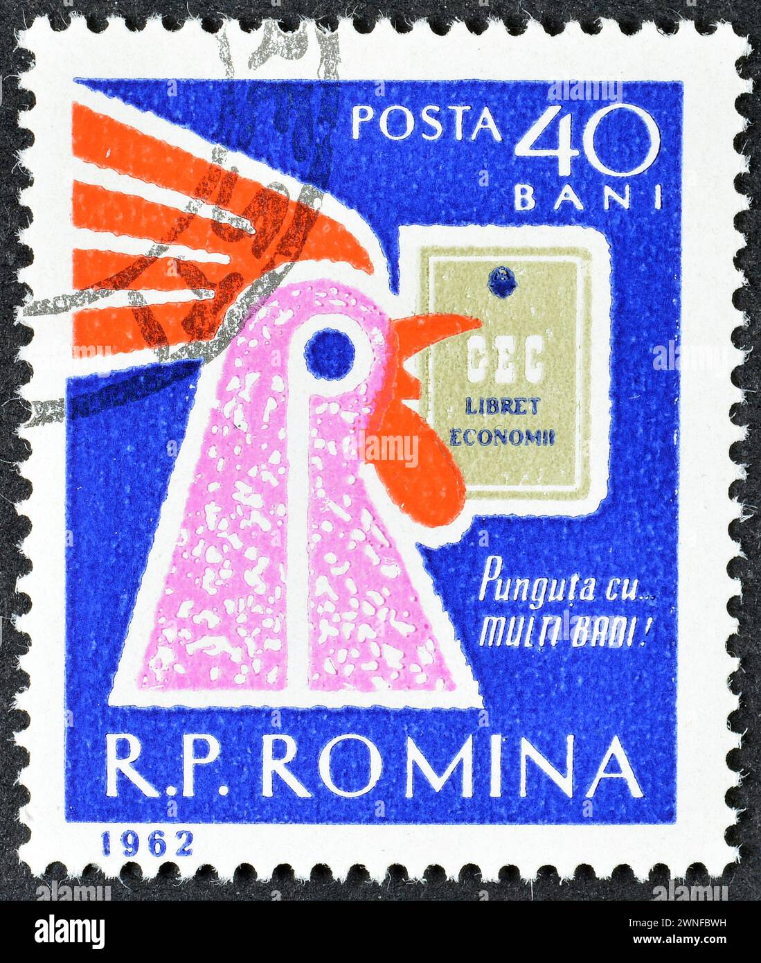 Cancelled postage stamp printed by Romania, that shows Rooster with