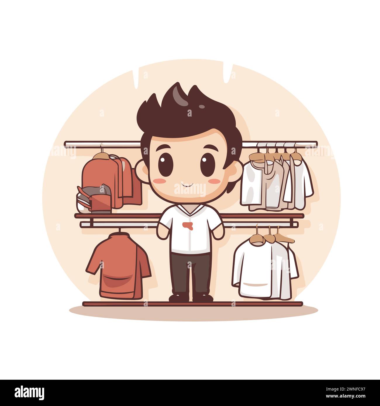 cute little boy in clothes store. cartoon style vector illustration. Stock Vector