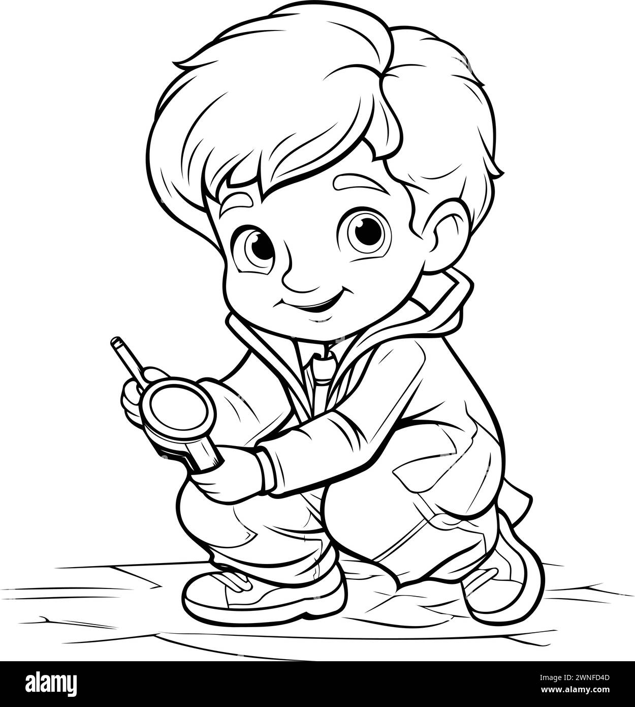 Black and White Cartoon Illustration of Kid Boy or Kid Playing Toy