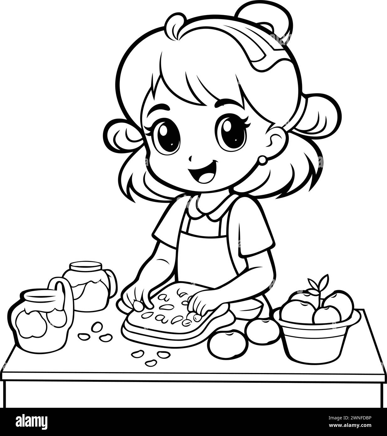 Black and White Cartoon Illustration of Cute Little Girl Preparing Food for Coloring Book Stock Vector