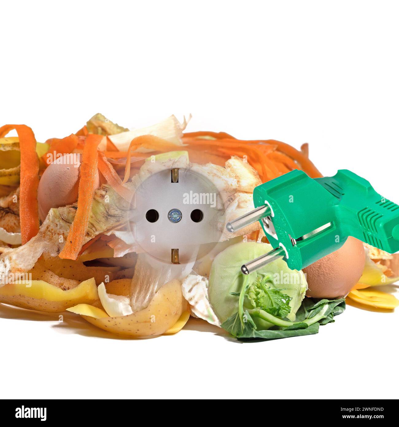 Collage of fruit and vegetable peels, socket and power plug, symbolic