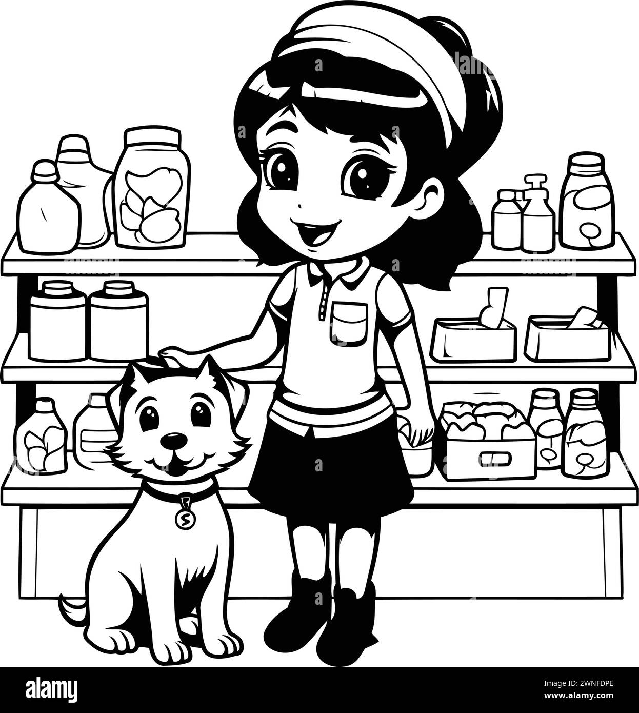 Pet shop girl with cat cartoon in black and white vector illustration graphic design Stock Vector