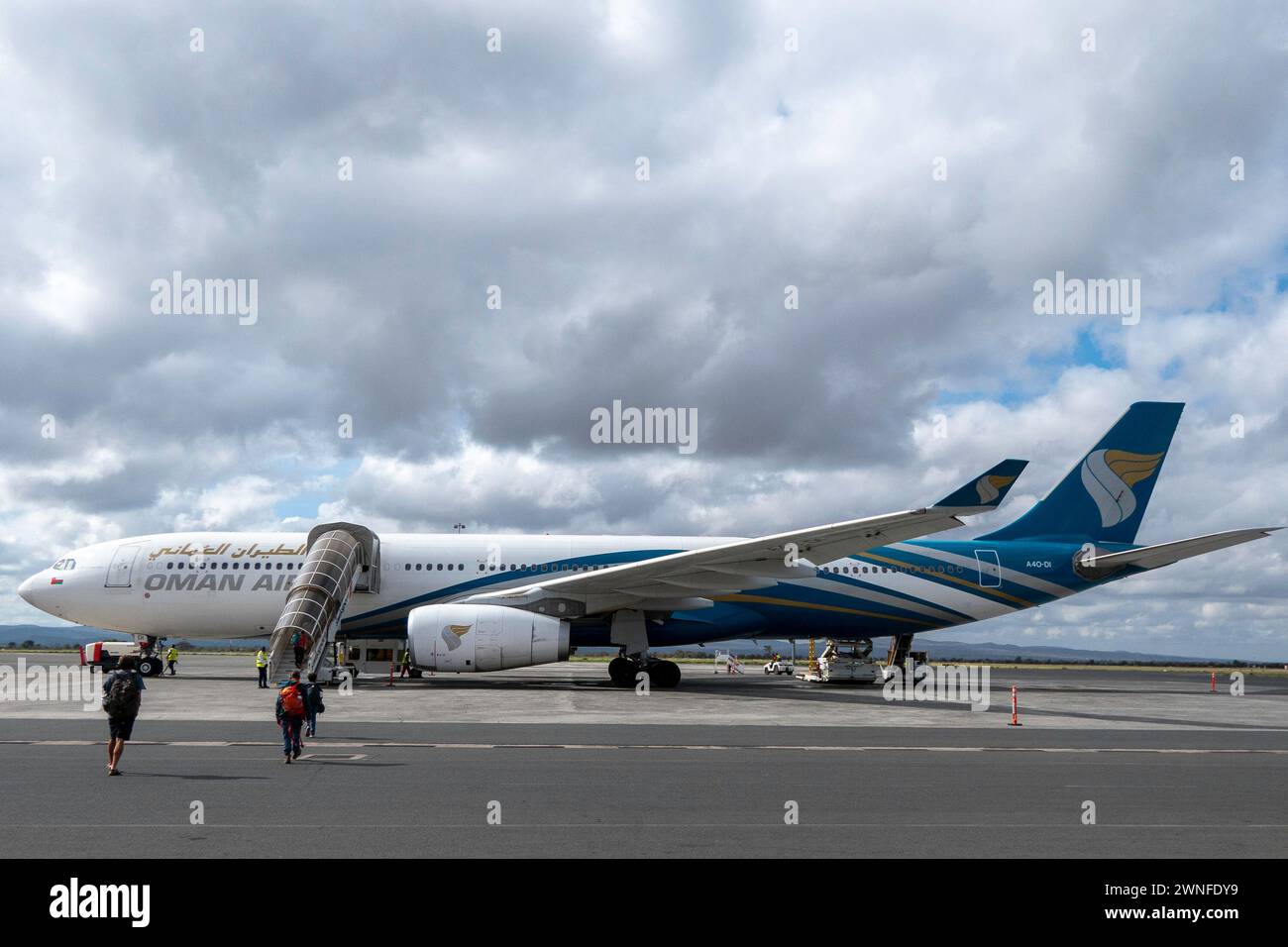 Kilimanjaro, Tanzania, October 30, 2023. Oman Air company plane at Kilimanjaro airport Stock Photo