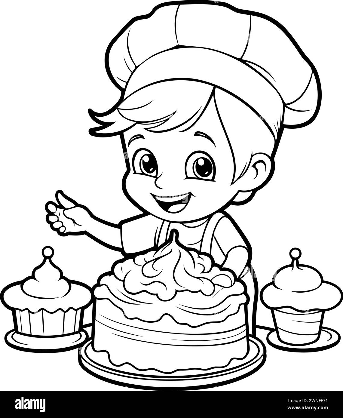 Black and White Cartoon Illustration of Little Boy Chef with Cake for Coloring Book Stock Vector
