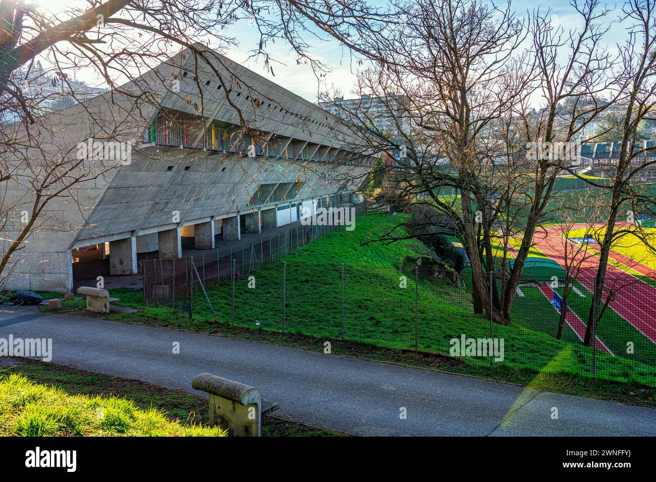 The Maison de la Culture of Firminy, by architect Le Corbusier, has become part of the international network of sites recognized by the UN. Firminy Stock Photo