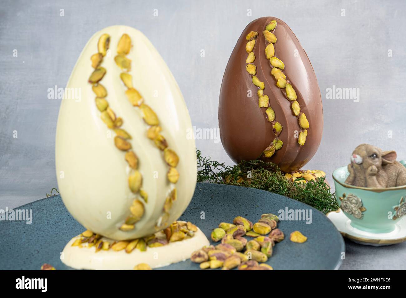 Assorted Easter eggs with pistachios, milk and dark chocolate_9. Stock Photo