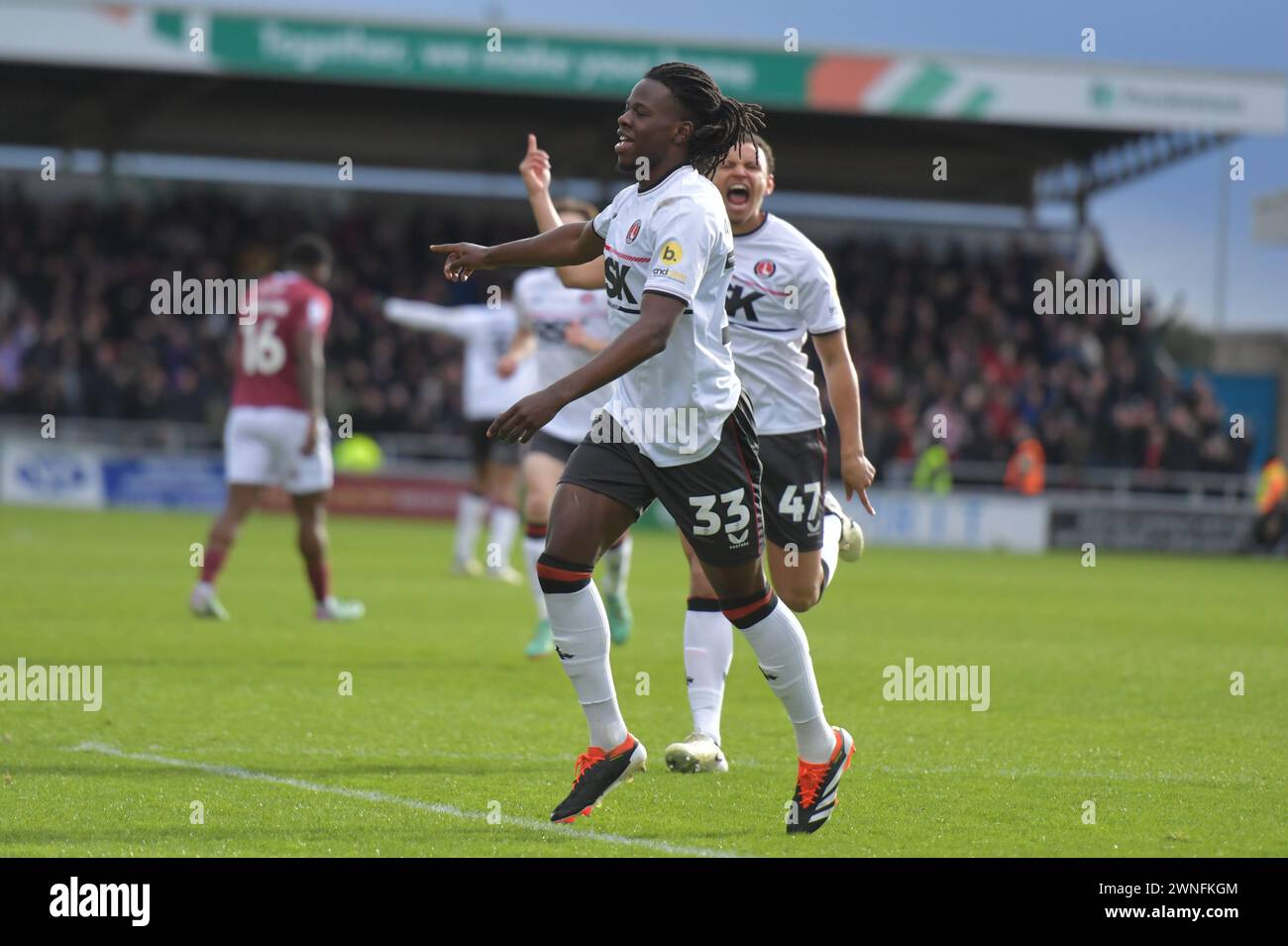 Northampton, England. 2nd Mar 2024. Karoy Anderson of Charlton Athletic celebrates after scoring during the Sky Bet EFL League One fixture between Northampton Town and Charlton Athletic. Kyle Andrews/Alamy Live News Stock Photo