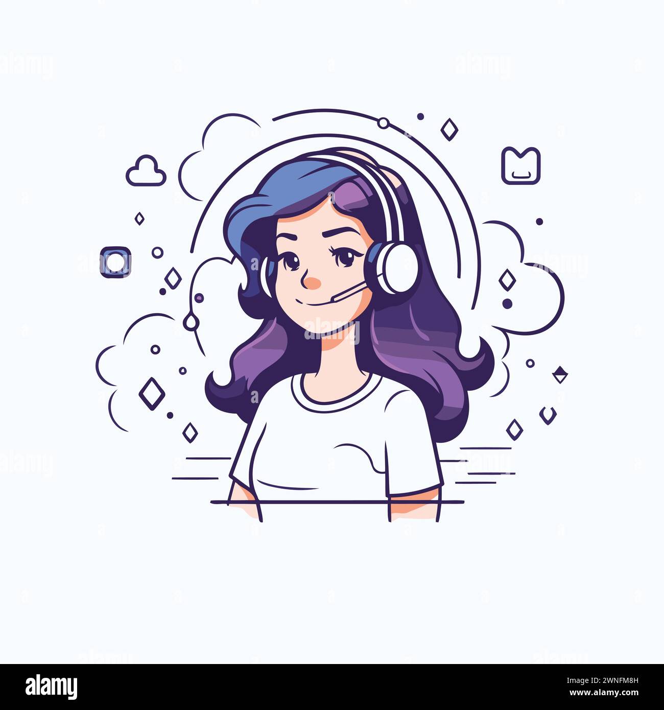 Vector illustration of a girl with headphones. Call center. customer support service. Stock Vector