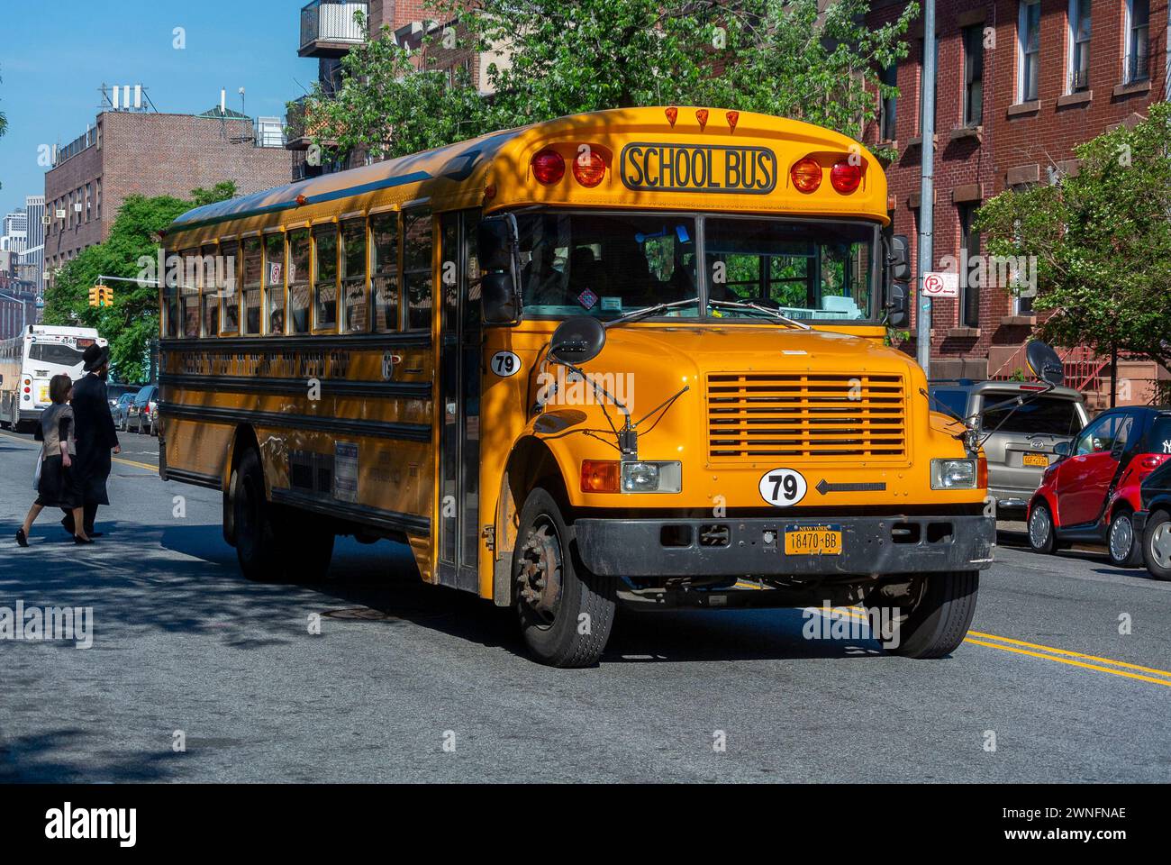 New York City, NY, Yellow American School Bus,  Street Scene, Hassidic Jewish School Transportation, Historic Brooklyn, Williamsburg Stock Photo
