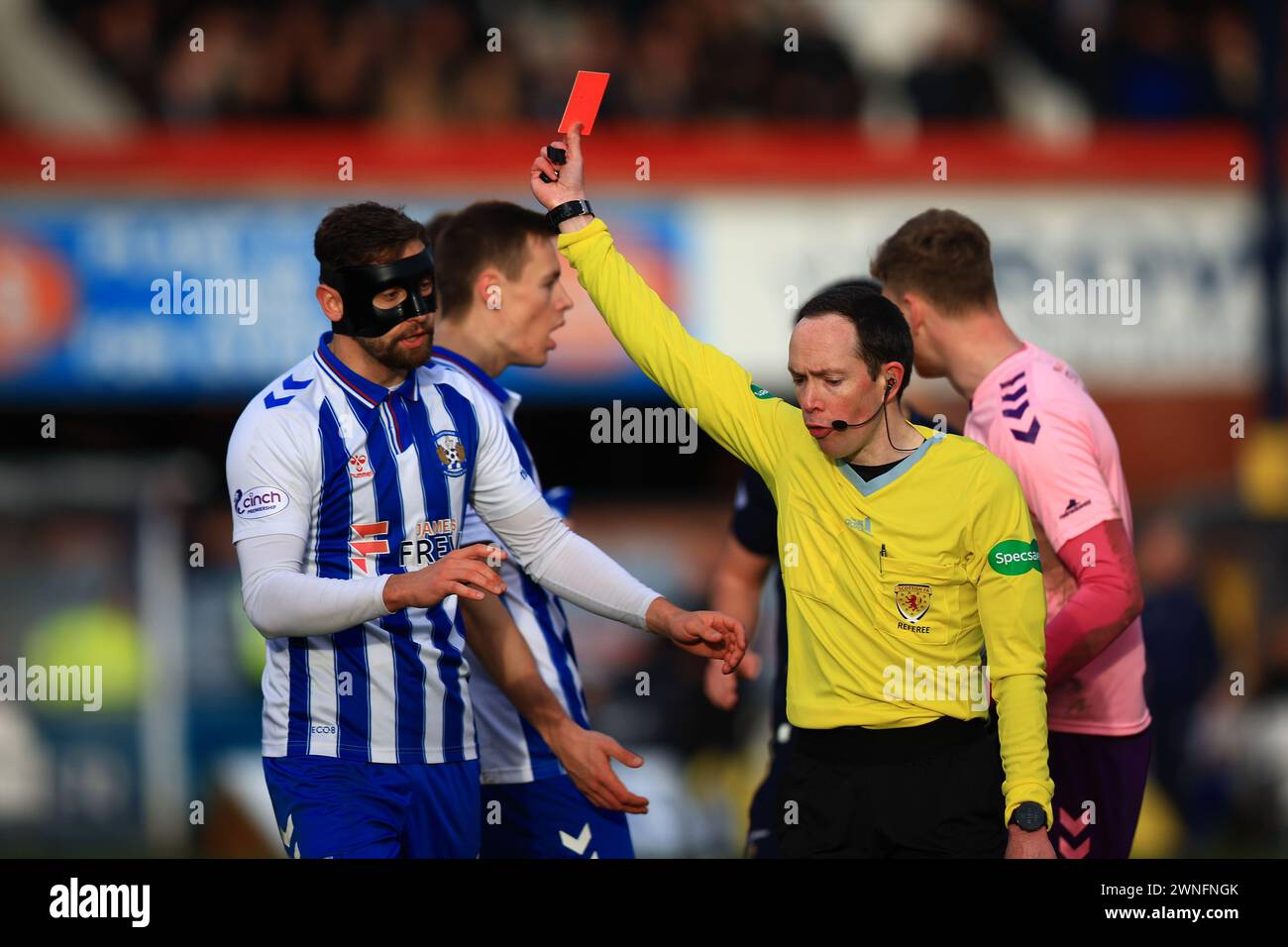2nd March 2024; Dens Park, Dundee, Scotland: Scottish Premiership Football, Dundee versus Kilmarnock; Lewis Mayo of Kilmarnock is sent off by referee Colin Steven Stock Photo