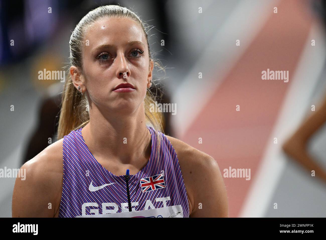 Jemma Reekie (GB) wins the semi-final for the 800m for women ahead of Habitam Alemu (Ethiopia) and Halimah Nakaayi (Uganda) at the world indoor athletics championships, Glasgow 2 march 2024 Stock Photo