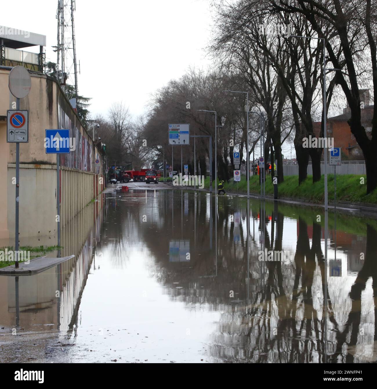street of the city flooded after the flooding of the river due to the torrential rain and the ancient sewage system Stock Photo