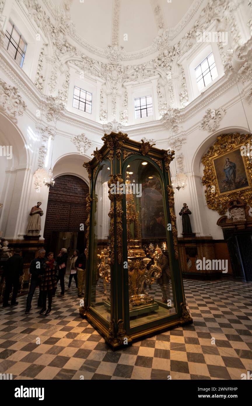 Mosque/ Cathedral of Cordoba  In the Chapel of Santa Teresa and Tesoro Catedralicio is the Great Monstrance, a tall glass case with a display of gold Stock Photo
