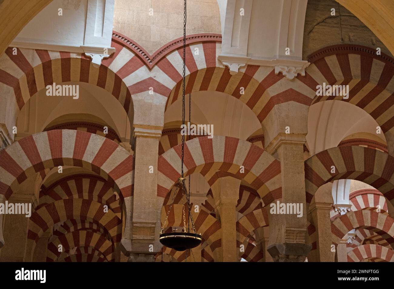 Mosque/ Cathedral of Cordoba  Interior and high ceilings supporting a huge roof by 853 thick marble columns and semi-circle made arches produced of ja Stock Photo