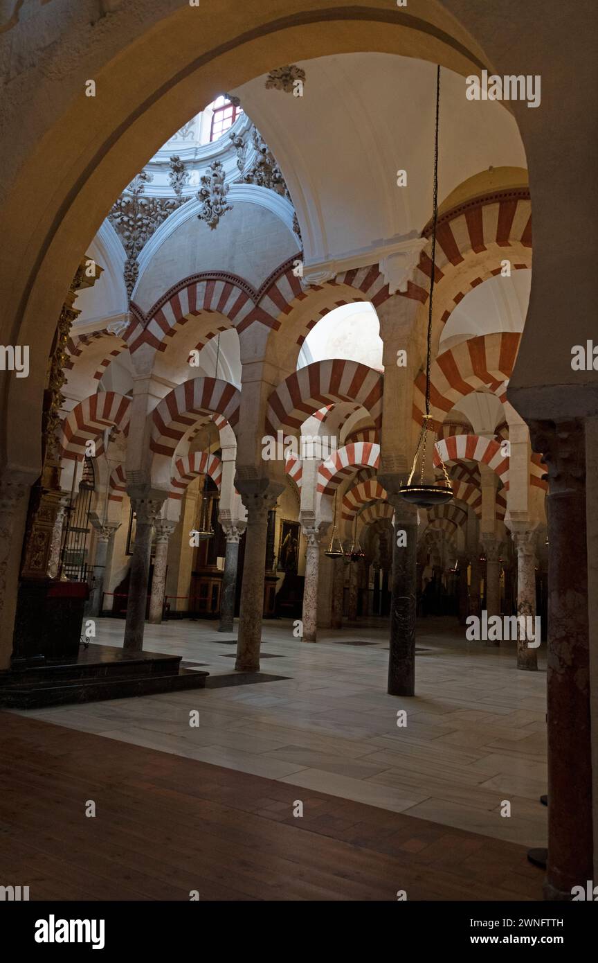 Mosque/ Cathedral of Cordoba  Interior and high ceilings supporting a huge roof by 853 thick marble columns and semi-circle made arches produced of ja Stock Photo