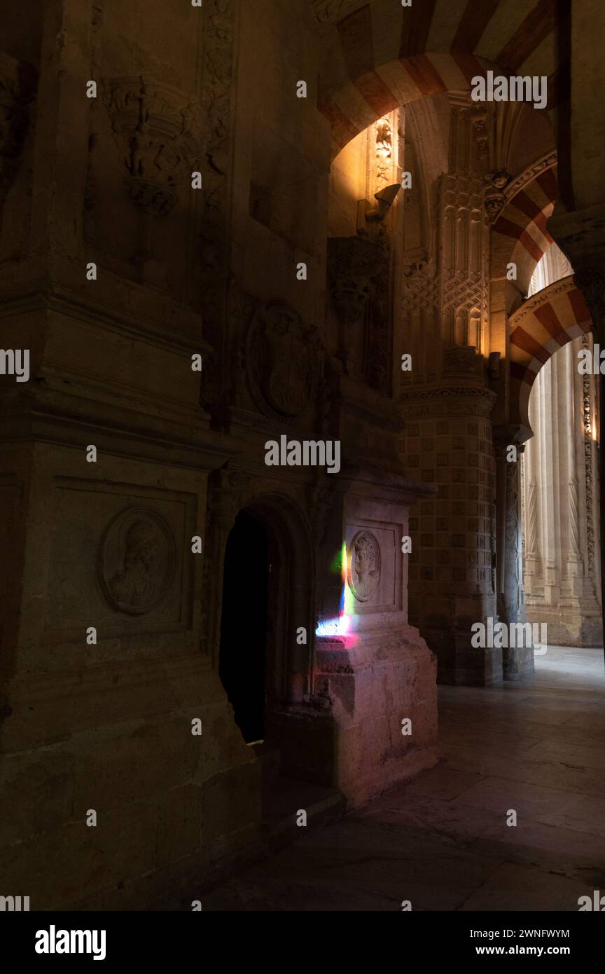 Mosque/ Cathedral of Cordoba  Shards of colour on some of the stone pillars and security grill of one of the Christian funerary chapels and tombs insi Stock Photo
