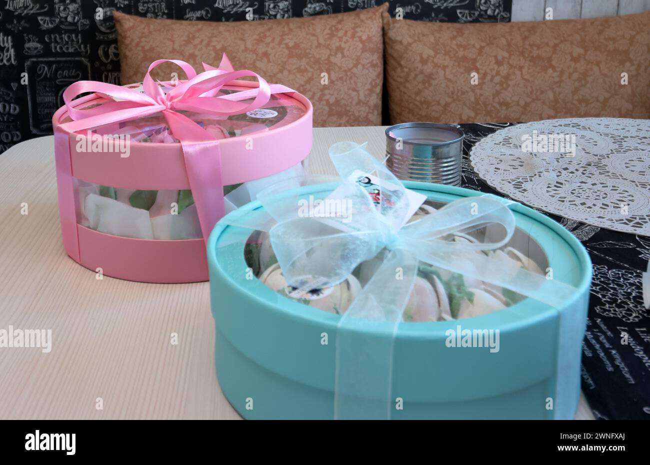 Zephyr in boxes. Boxes tied with ribbon. Stock Photo