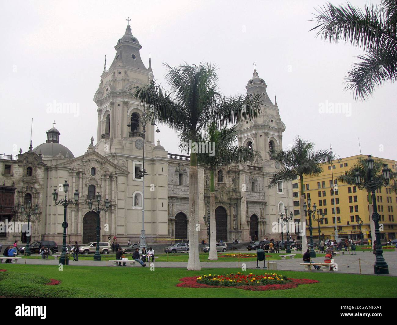 Lima, Peru - jul 09, 2008 - The Basilica Cathedral of Lima on Plaza Mayor or Plaza de Armas. Located in the Historic Centre of Lima, Peru. People and Stock Photo