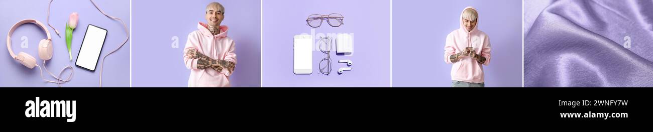 Collage of young tattooed man with modern gadgets, eyeglasses and fabric on lilac background Stock Photo