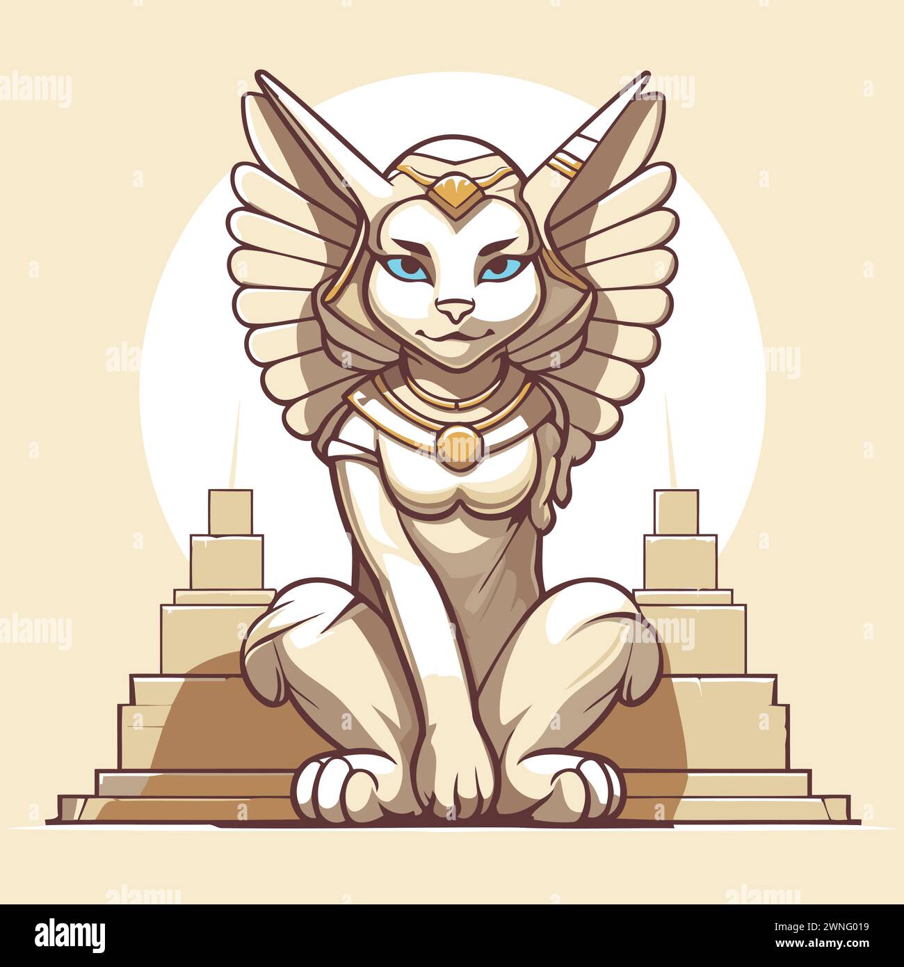 Sphinx sitting on the stairs of the temple. Vector illustration Stock Vector