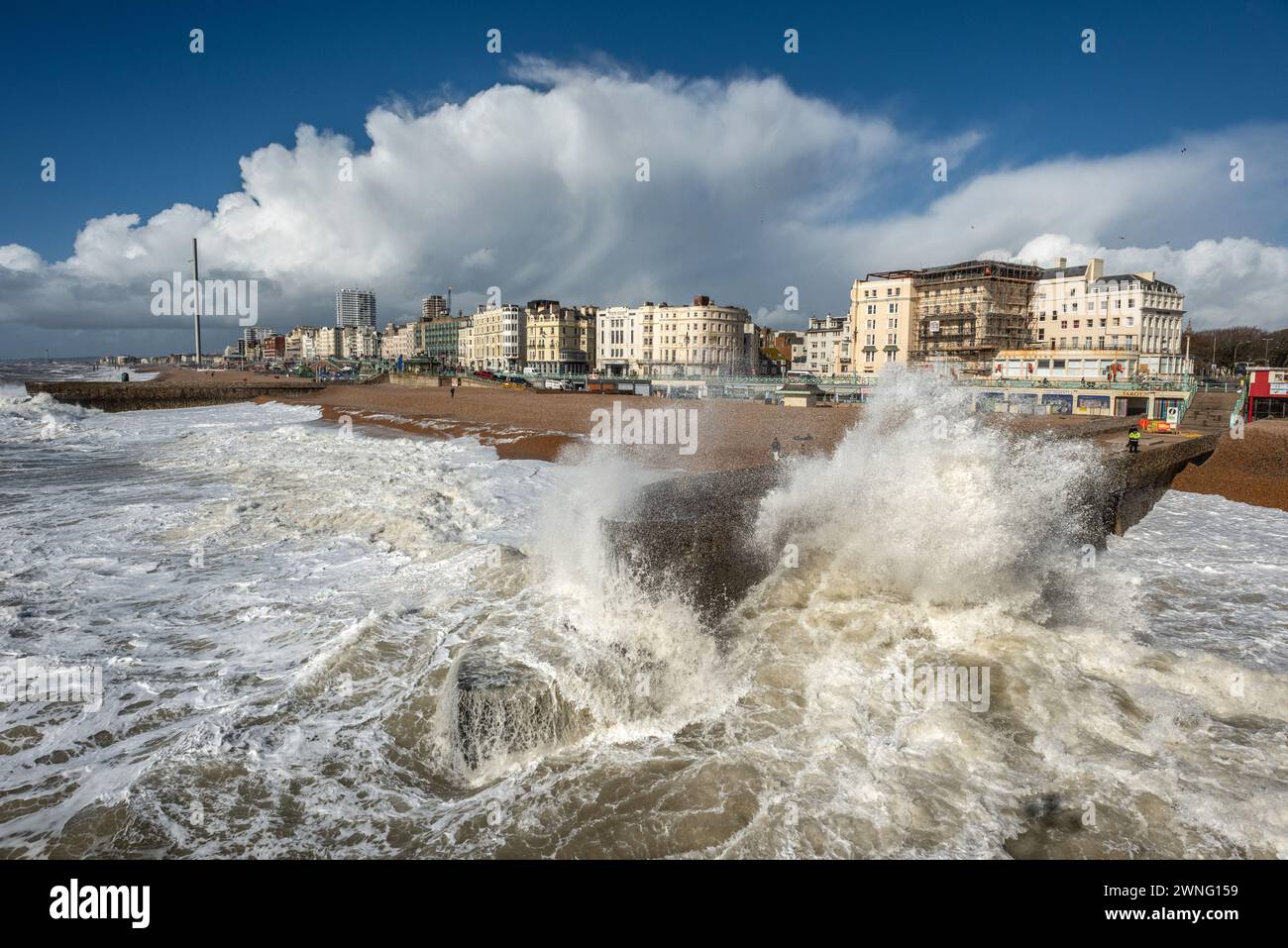 Brighton, March 1st 2024: Stormy weather battering the coast at Brighton this morning Stock Photo