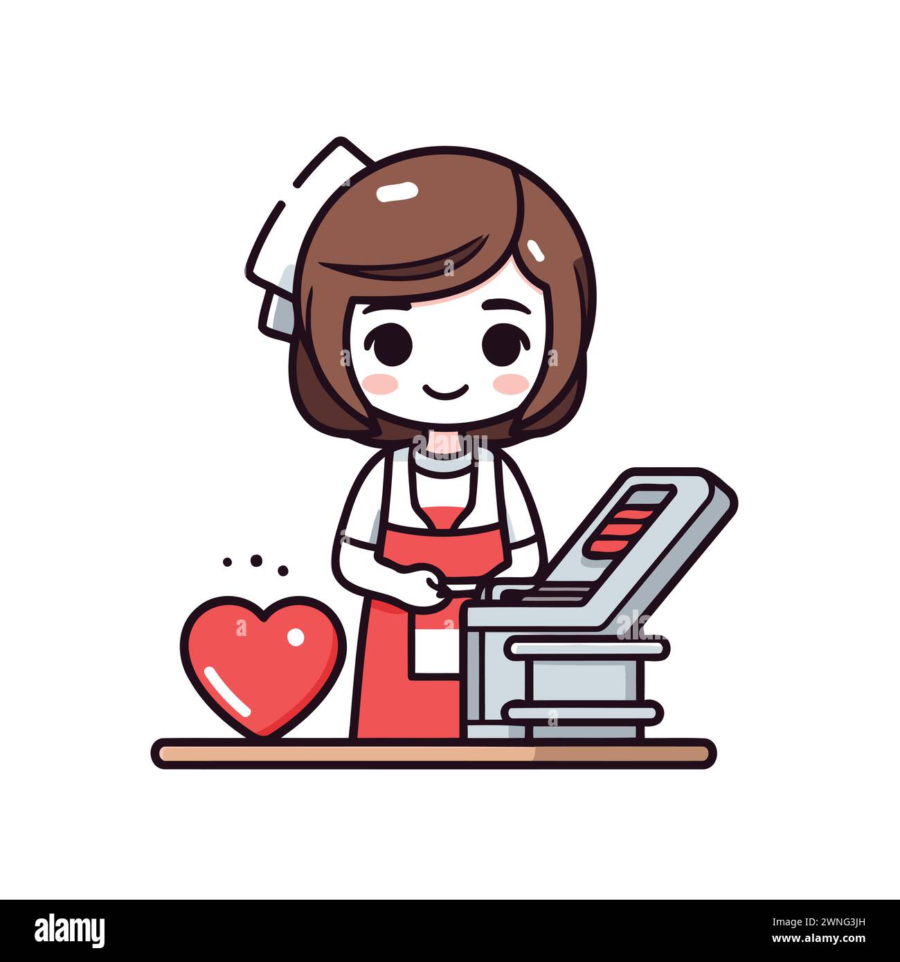 Cute girl with cash register and heart. Vector illustration in cartoon style Stock Vector Image