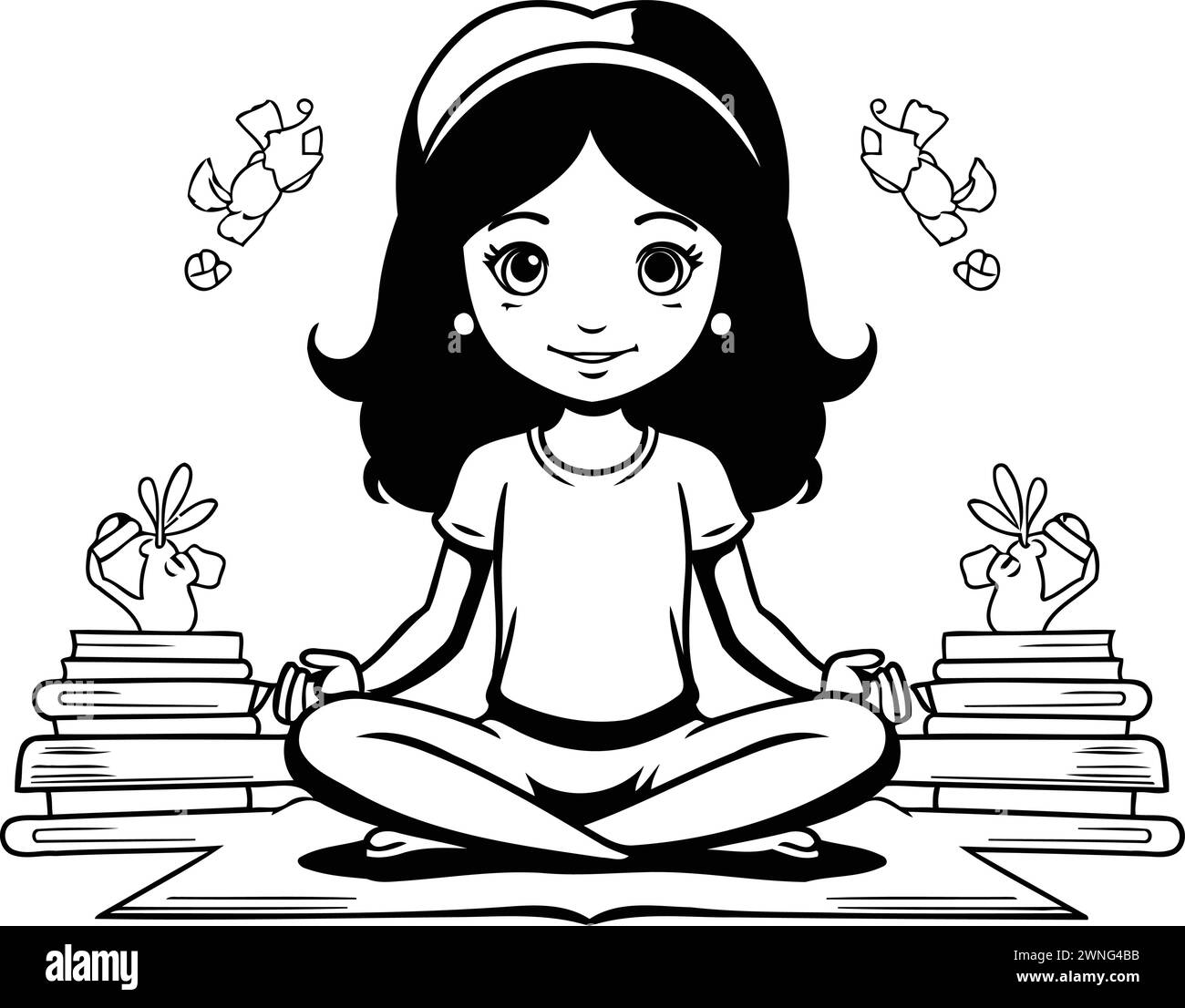 girl meditating in lotus position with books vector illustration ...