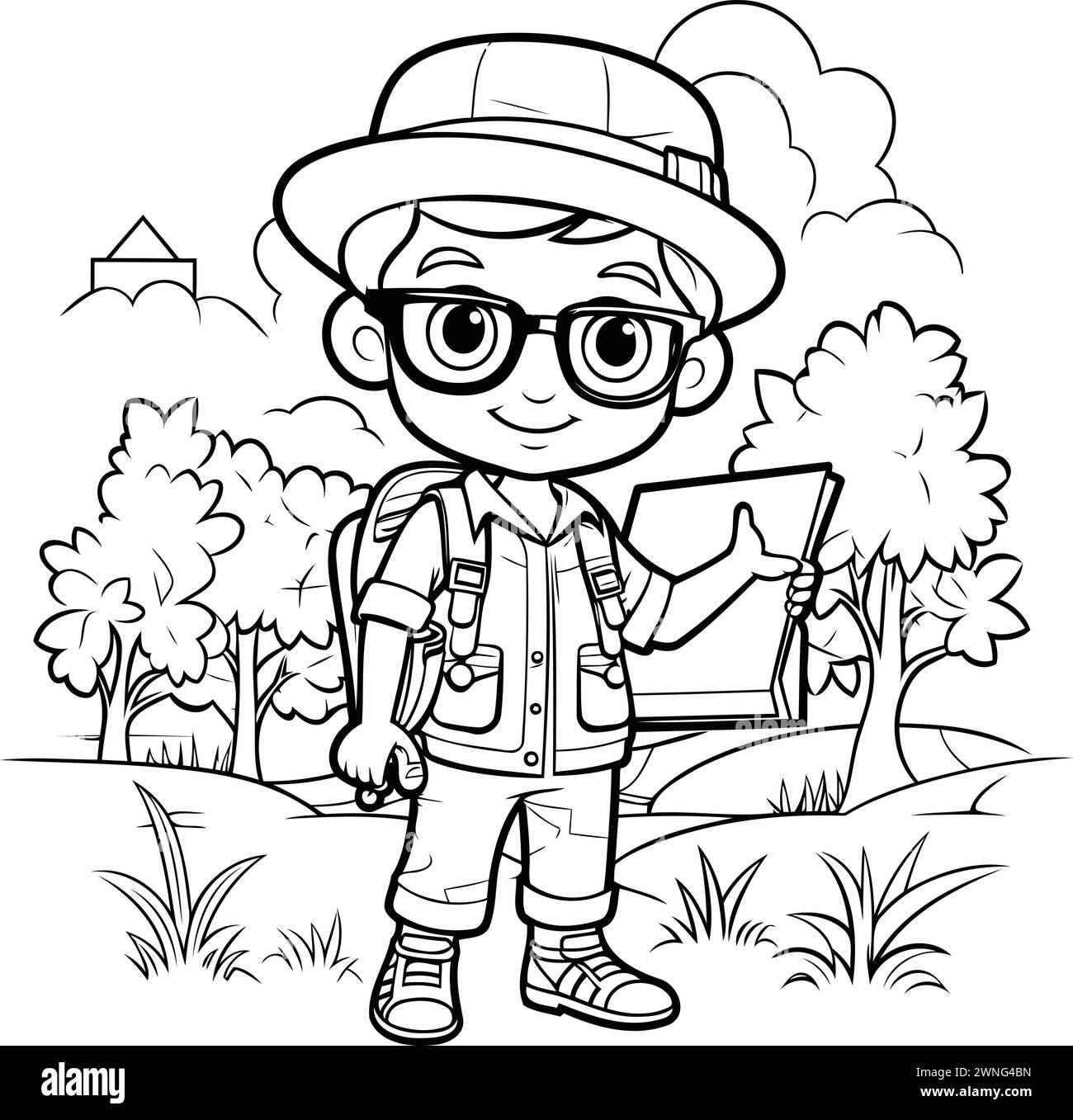 Outline Cartoon Illustration of Cute Little Boy Scout or Explorer Stock ...