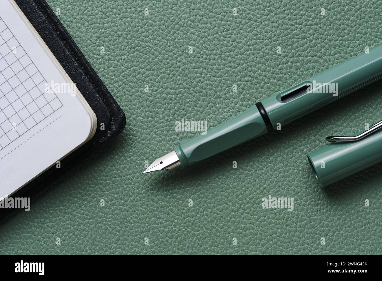 Fountain pen and notebook green leather background Stock Photo