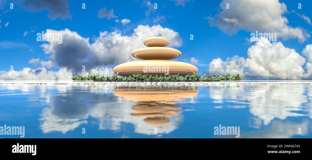 A serene stack of Zen stones hovers over an island, perfectly mirrored in the still water below. Stock Photo