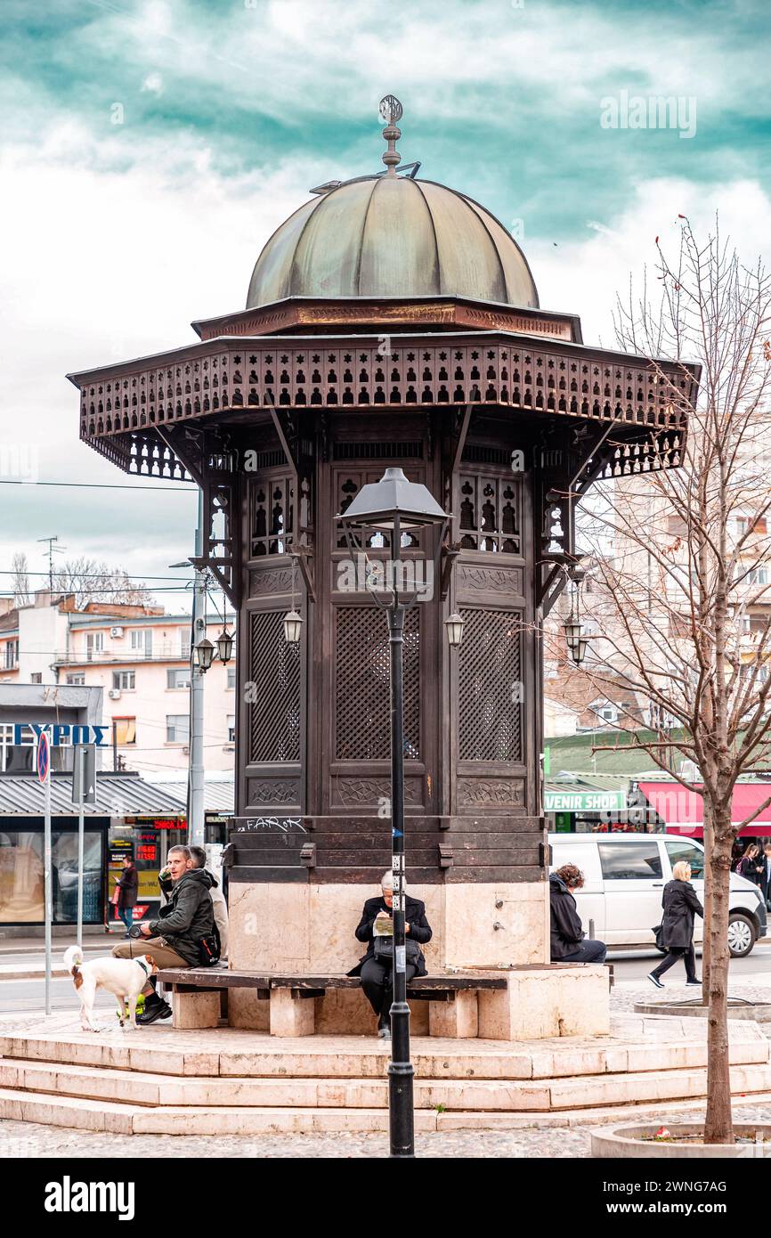 Belgrade, Serbia - 8 FEB 2024: Sebilj Cesma, a replika of Sarajevo Sebilj and Bursa Sebil Brotherhood fountain, located in Skadarlija Bohemian quarter Stock Photo