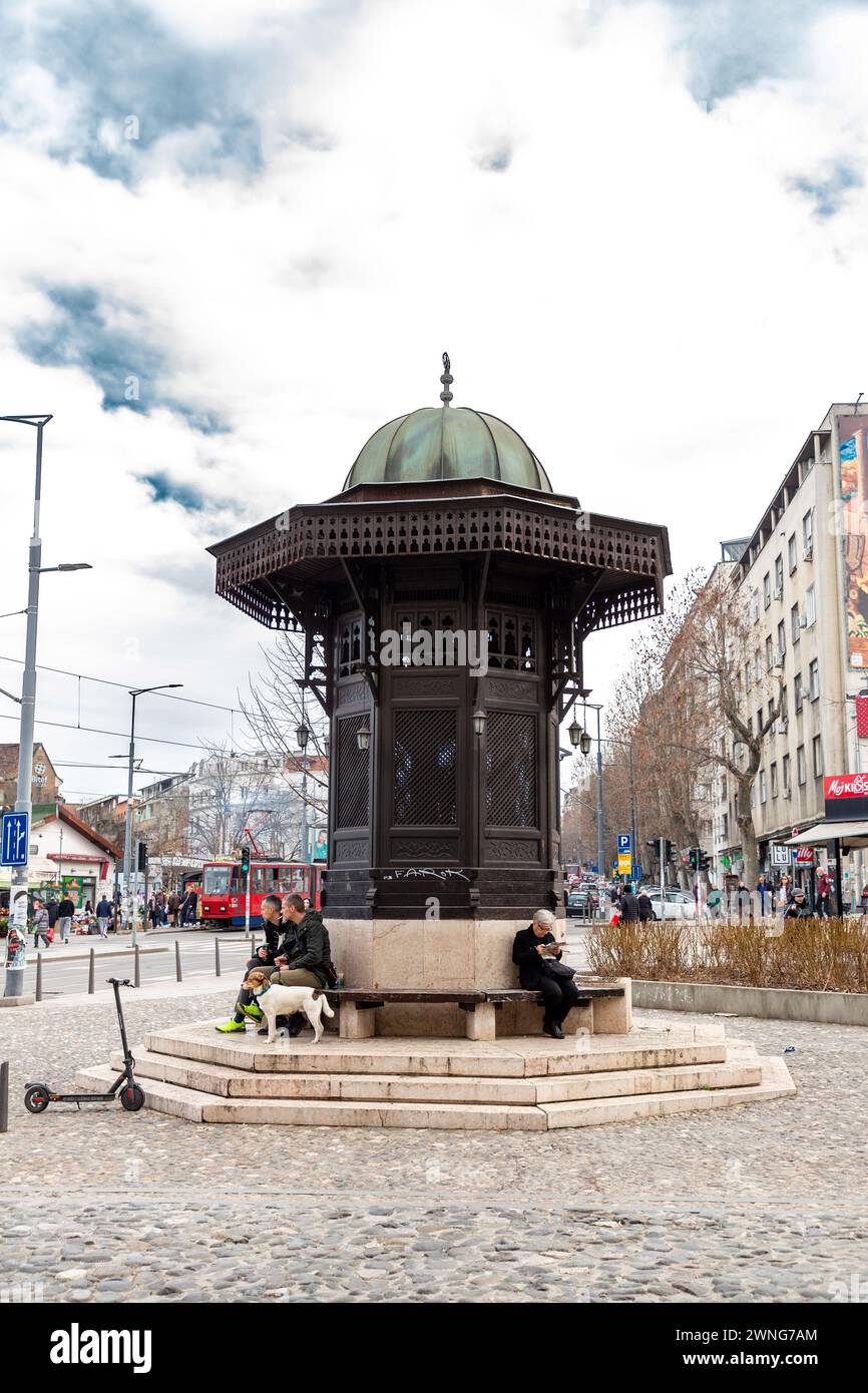 Belgrade, Serbia - 8 FEB 2024: Sebilj Cesma, a replika of Sarajevo Sebilj and Bursa Sebil Brotherhood fountain, located in Skadarlija Bohemian quarter Stock Photo