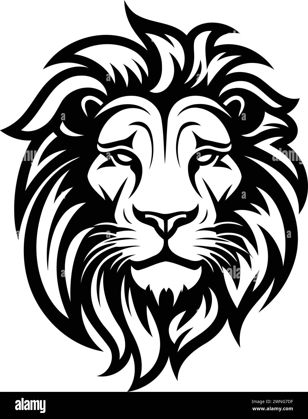 Lion head. Black and white vector illustration. Isolated on white background. Stock Vector