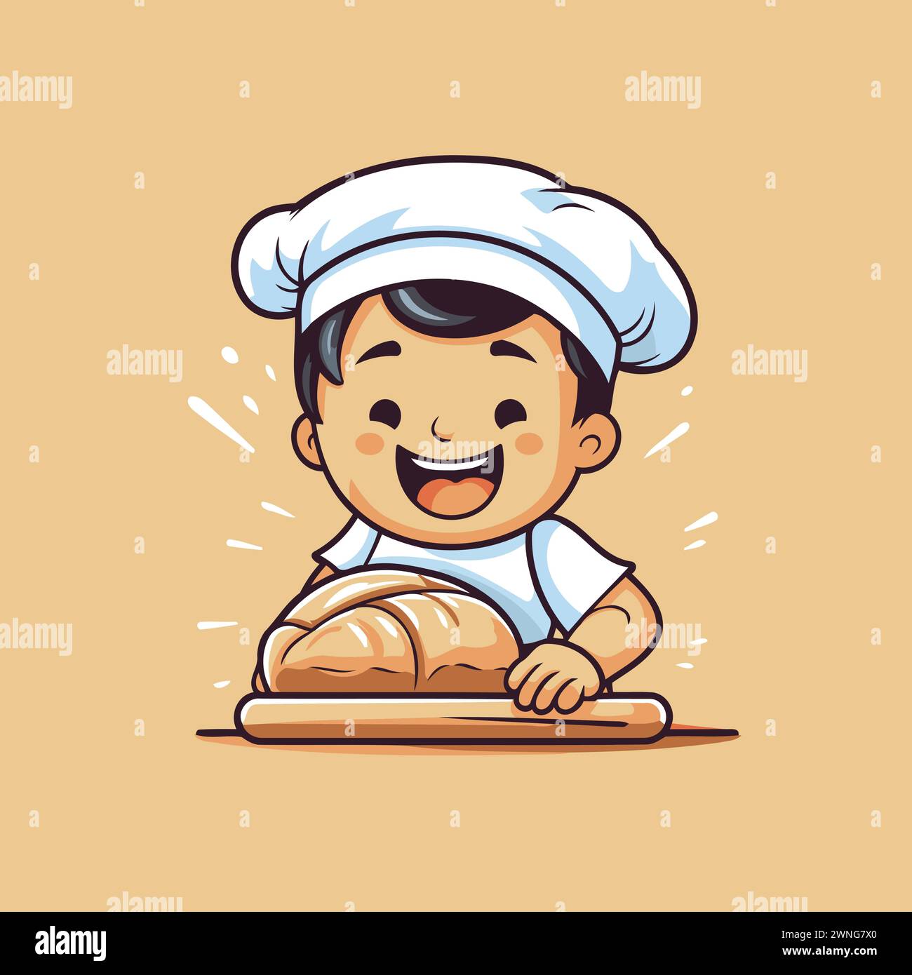 Cute little boy chef with a loaf of bread. Vector illustration. Stock Vector