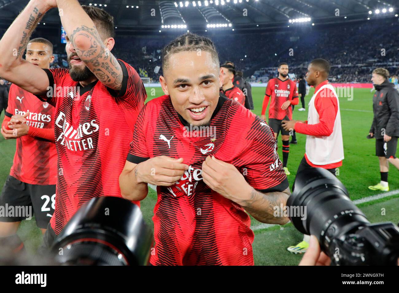 Noah Okafor of Milan celebrates at the  Serie A soccer match SS Lazio - AC Milan at Stadio Olimpico  on March 01, 2024 in Rome , Italy.  during Serie A soccer match SS Lazio - AC Milan at Stadio Olimpico  on March 01, 2024 in Rome , Italy. Stock Photo