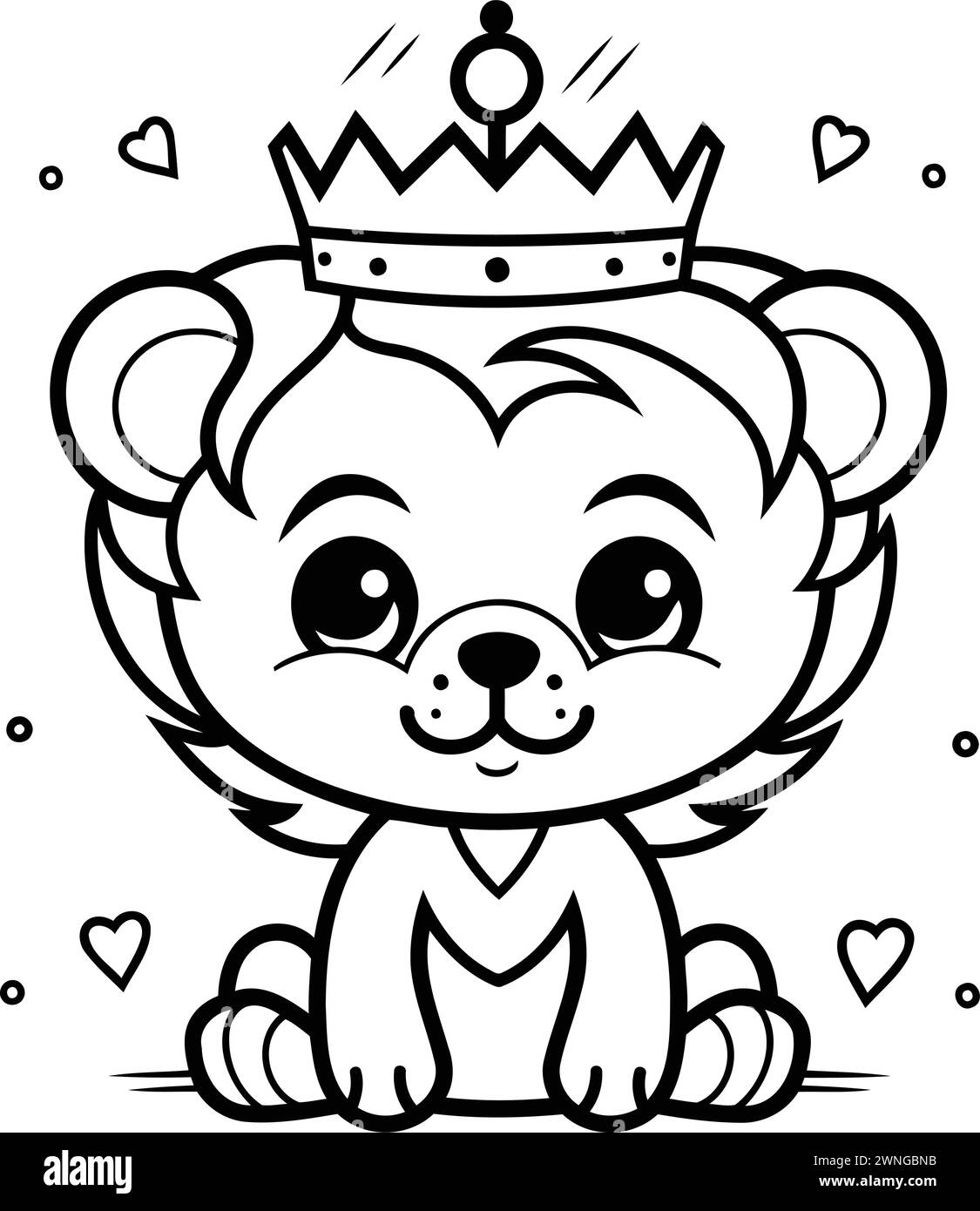 Black and White Cartoon Illustration of Cute Lion King Animal Character