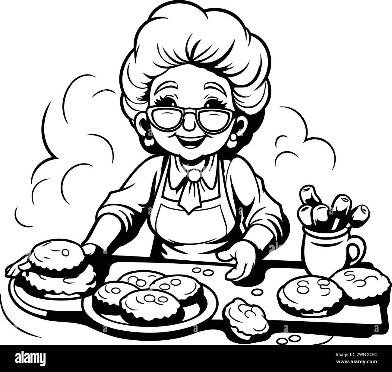 Grandmother baking cookies. Black and white vector illustration for coloring book. Stock Vector