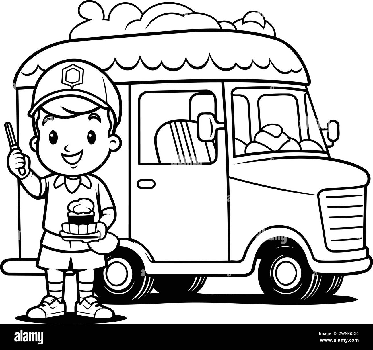 Black and White Cartoon Illustration of Cute Little Boy with Ice Cream Truck for Coloring Book Stock Vector