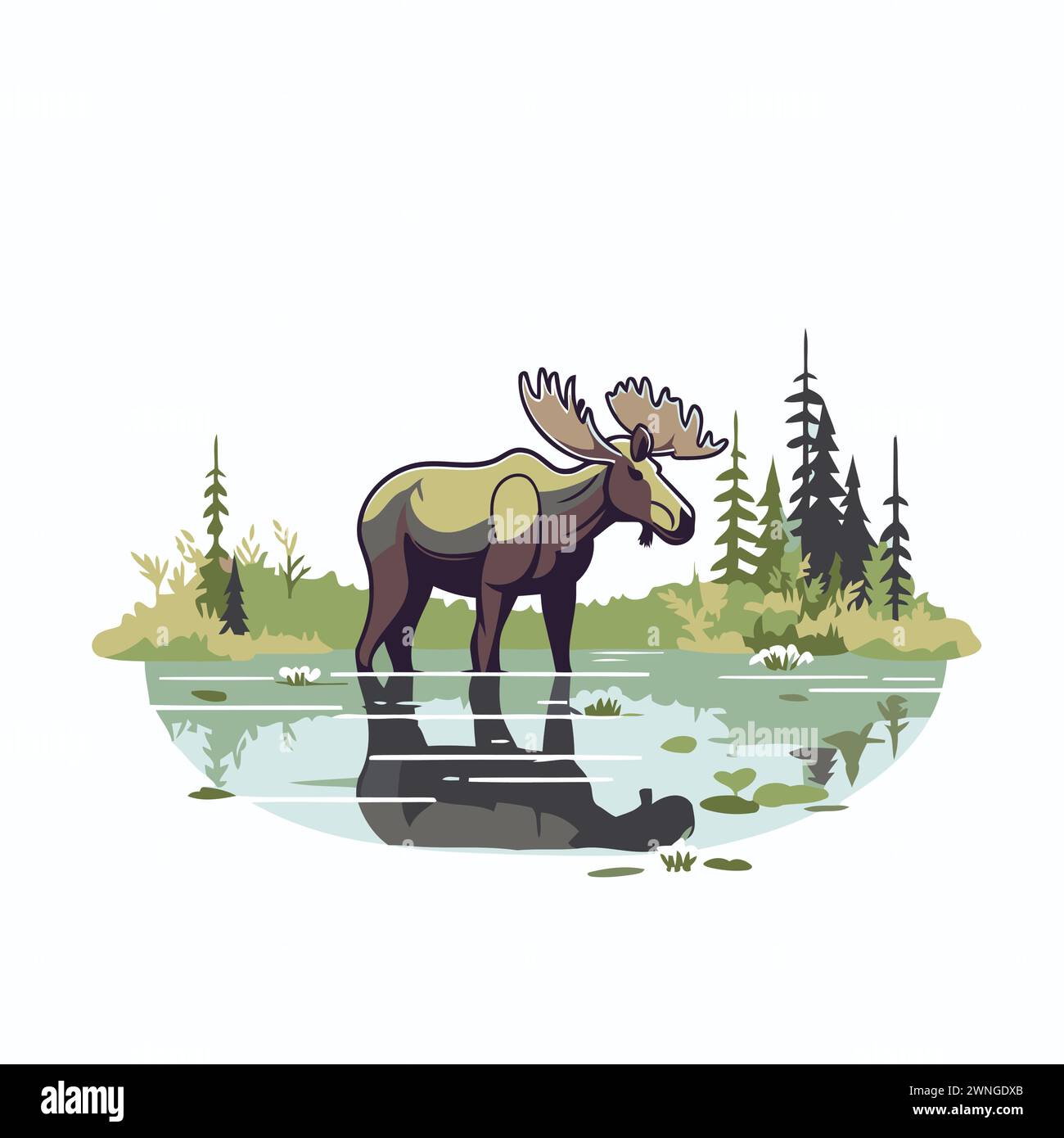 Moose standing on the bank of the river. Vector illustration. Stock Vector