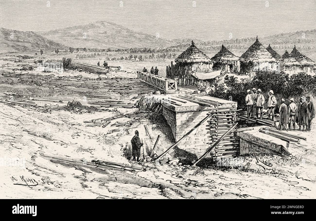 Construction of the railway train to Medina, Guinea. Africa. Two campaigns in French Sudan, 1886-1888 by Joseph Simon Gallieni (1849 - 1916) Le Tour du Monde 1890 Stock Photo